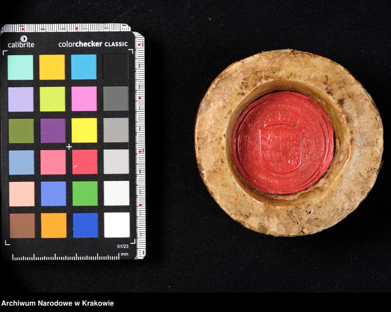 image.from.unit.number "Bona Sforza. Królowa Polski, Wielka Księżna Litewska. W polu pieczęci ukoronowana tarcza czteropolowa z herbami: polskim (prawe górne pole), Wąż Sforzów i Orzeł (lewe górne), herb mediolański i aragoński (prawe dolne), Pogoń (lewe dolne) tarczę otaczającą elementy roślinne. Otok ujęty w sznury perełek z napisem kapitalnym, renesansowym: BONA SFOR[TIA] ARAG[ONIA] D[EI] G[RATIA] REGINA POLONIE MAG[NA] DVX LITVANIE"