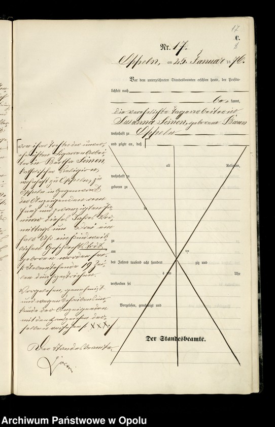 Obraz 20 z jednostki "Urząd Stanu Cywilnego w Opolu 1876 Rejestr zgonów Księga Miejscowa Nr 1 do 423"