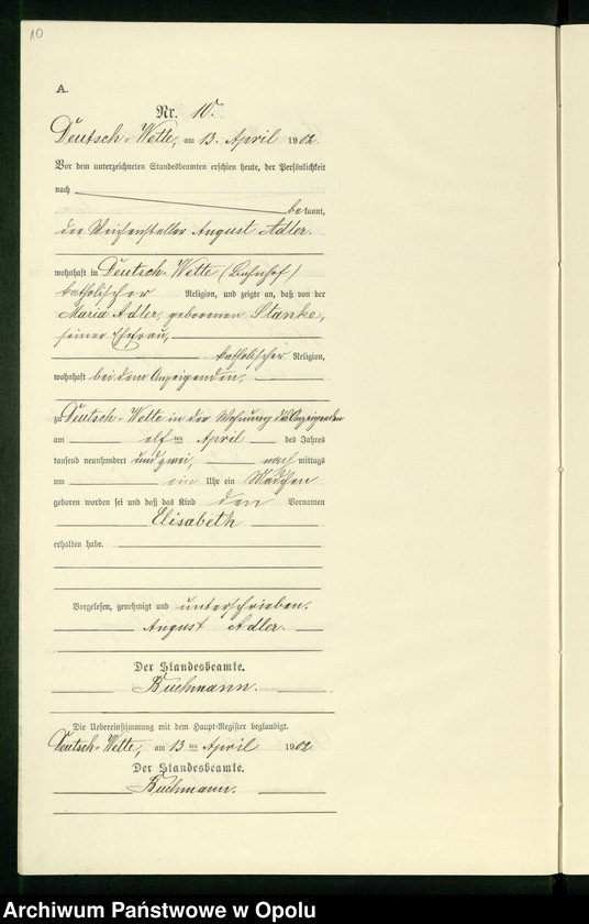 Obraz 14 z jednostki "Geburts-Neben-Register des Standesamts Deutsch Wette pro 1902"
