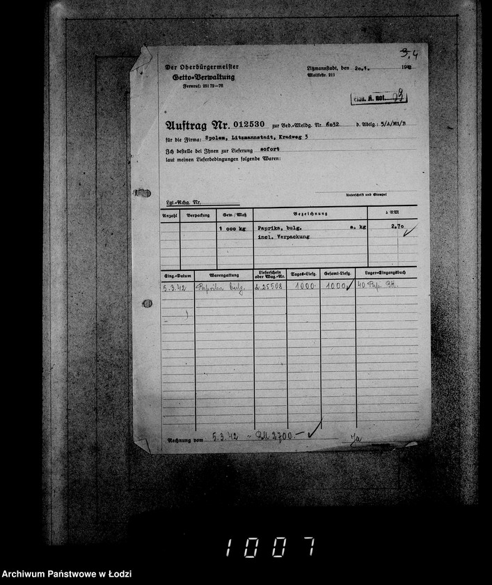 Obraz 8 z jednostki "Aufträge [Lieferscheinen und Rechnungen] 12481-12530 Lebensmitteleinkauf 5/Mü [Dostawa artykułów pierwszej potrzeby do Getta]."