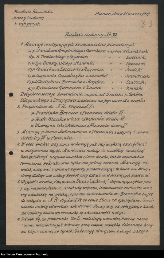 Obraz 5 z jednostki "/Rozkazy dzienne Straży Ludowej byłego Zaboru Pruskiego, przemianowanej następnie na wojsko "Obrony Kraju"/."
