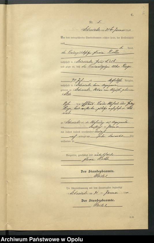 Obraz 10 z jednostki "Sterbe-Register (Neben-Register) Standesamt Altewalde 1910 No. 1 bis 45"