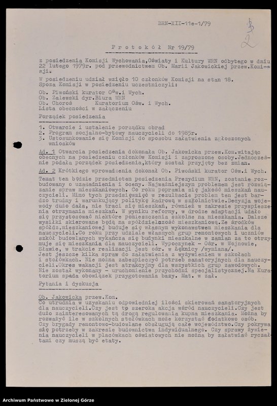 image.from.unit.number "Protokóły z posiedzeń Komisji Wychowania, Oświaty i Kultury Wojewódzkiej Rady Narodowej w Zielonej Górze; Nr 19 - 24"