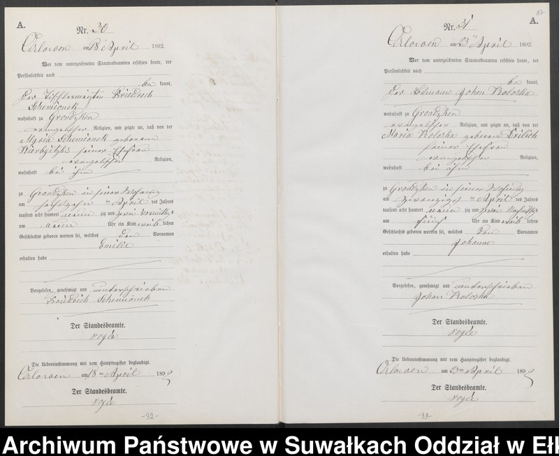 image.from.unit.number "Geburts-Neben-Register des Preussischen Standes-Amtes Orlowen Kreis Loetzen für das Jahr 1892"