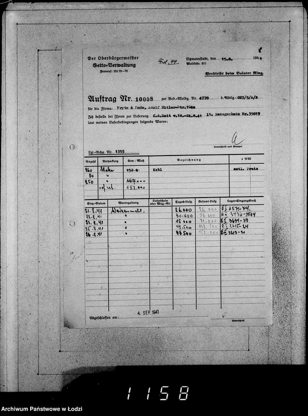Obraz 12 z jednostki "Erledigte Aufträge von 10000-10999 [Zrealizowane zamówienia na produkty żywnościowe, oleje i inne towary dla Getta]"