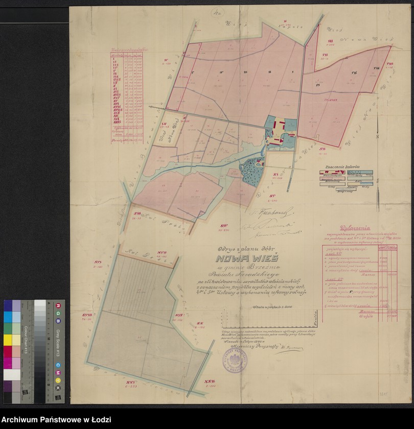 Obraz 1 z jednostki "Odrys z planu dóbr Nowa Wieś w gminie Brzeźnio powiatu sieradzkiego po zlikwidowaniu serwitutów włościańskich z oznaczeniem projektu wydzieleń z mocy artykułu 4 i 5 Ustawy o wykonaniu reformy rolnej"