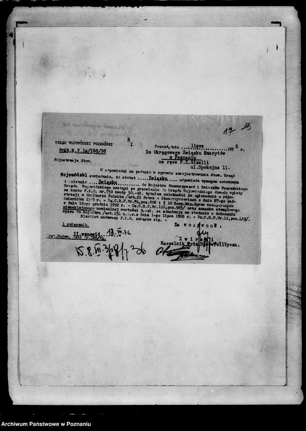 Obraz 20 z jednostki "Okręgowy Związek Emerytów i Emerytek Państwowych Wdów i Sierot po urzędnikach na Poznańskie i Pomorze w Poznaniu"