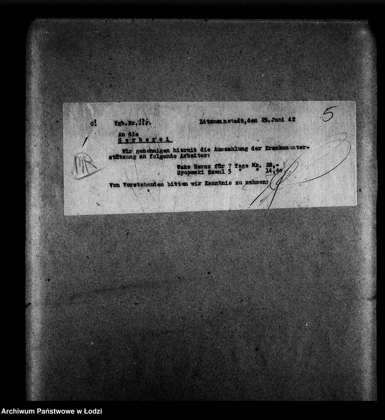 Obraz 8 z jednostki "Gerberei Abteilung [Zasiłki chorobowe dla pracowników wydziału, zaświadczenia lekarskie, listy pracowników]"