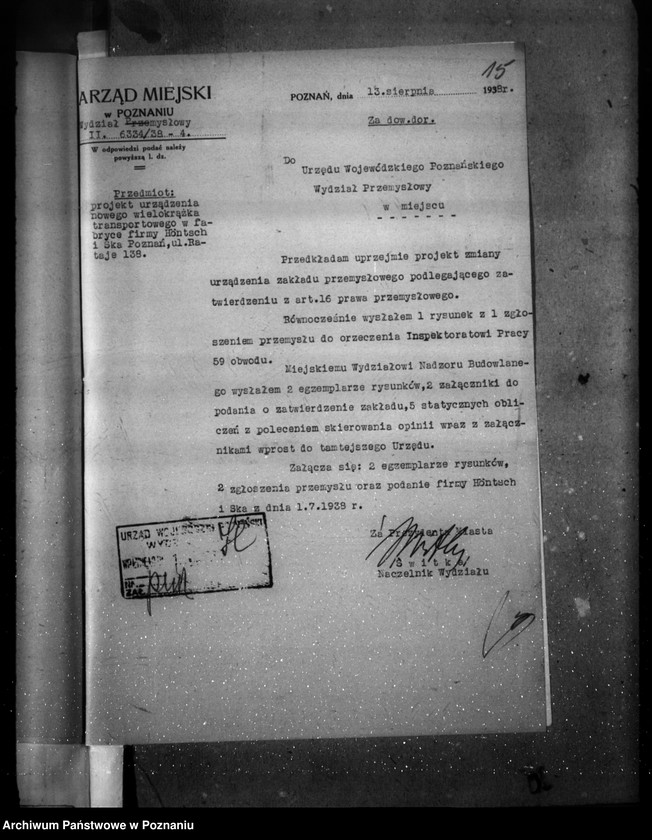 Obraz 19 z jednostki "Zatwierdzenie projektu rozbudowy zakładu przemysłowego /fabryki kotłów centralnego ogrzewania i odlewni żelaza firmy Höntschi Spółka Poznań-Rataje/"