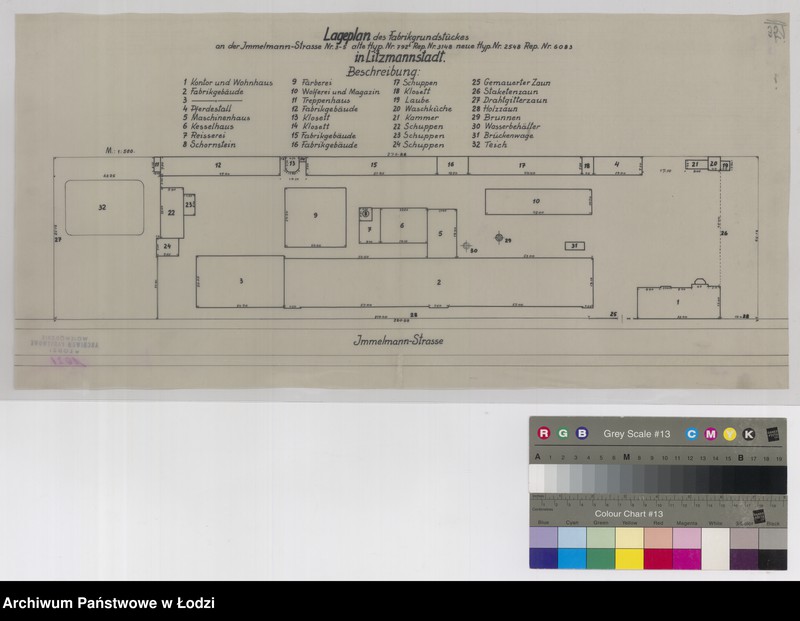 Obraz 1 z jednostki "Lageplan des Fabrikgrundstückes an der Immelmann Straße Nr 3-5 alte Hyp. Nr 792i Rep. 3148 neue Hyp. Nr 2548 Rep. Nr 6083 in Litzmannstadt"