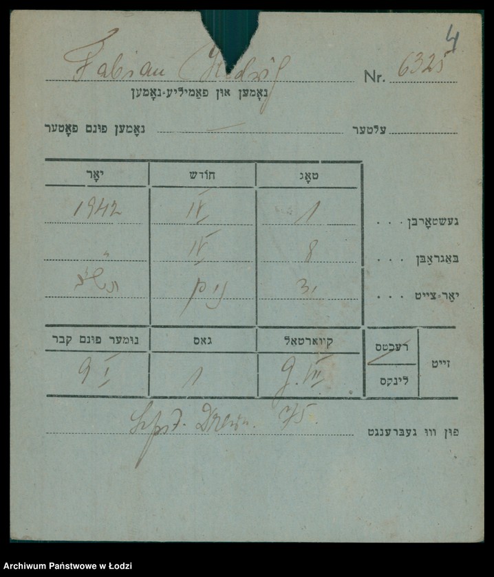 Obraz 5 z jednostki "Kartoteka osób pochowanych na cmentarzu żydowskim przy ulicy Brackiej w latach 1892-1958. Nazwiska na litery: Fa-Fä"