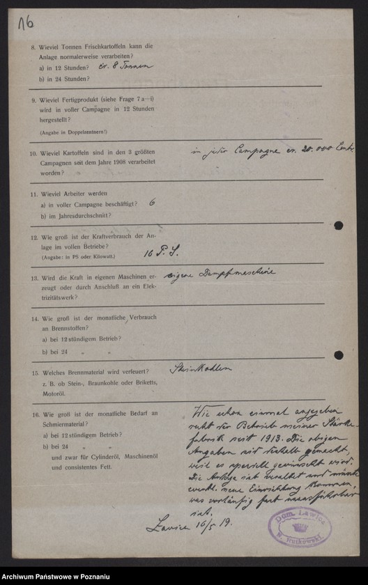 Obraz 18 z jednostki "[Kwestionariusze statystyczne dotyczące suszarni i krochmalni ziemniaków]"