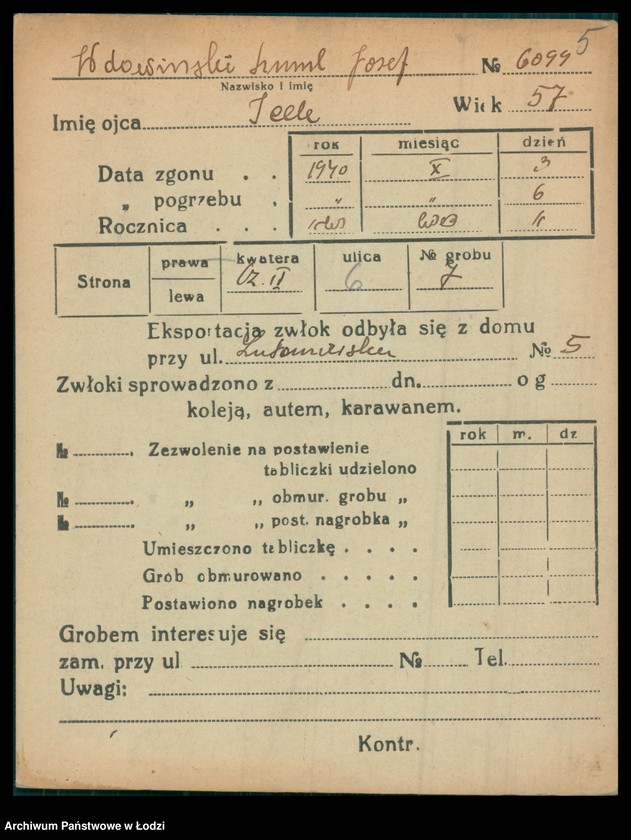 Obraz 6 z jednostki "Kartoteka osób pochowanych na cmentarzu żydowskim przy ulicy Brackiej w latach 1892-1957. Nazwiska na litery: Wd-Wis"