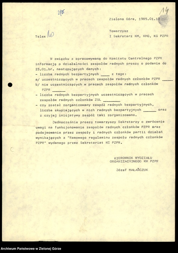 image.from.unit.number "Teleksy z KW do KC, styczeń - maj 1985"