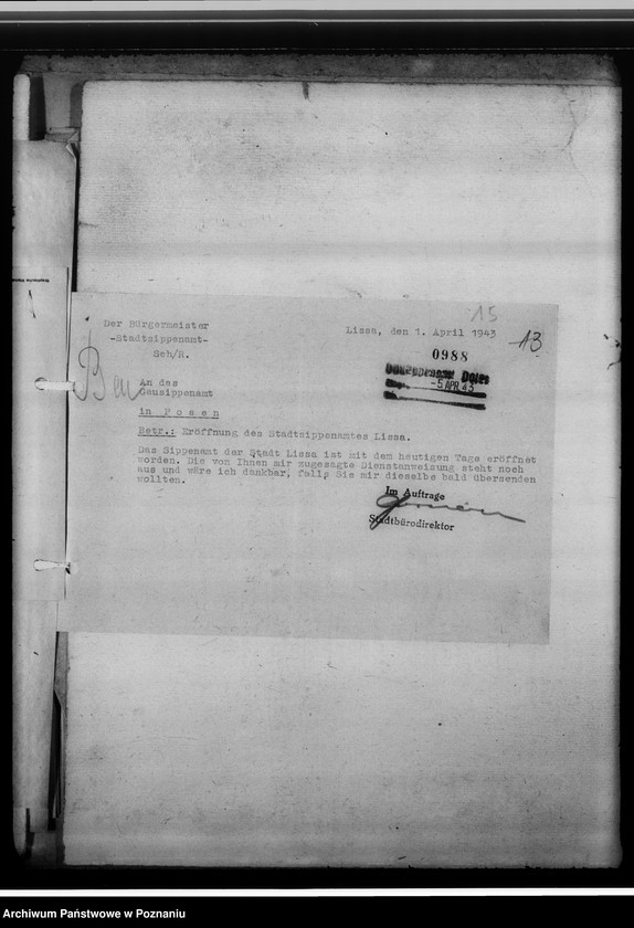 Obraz 19 z jednostki "[Sprawy związane z organizacja i działalnością Miejskiego Urzędu do Spraw Genealogicznych w Lesznie]"