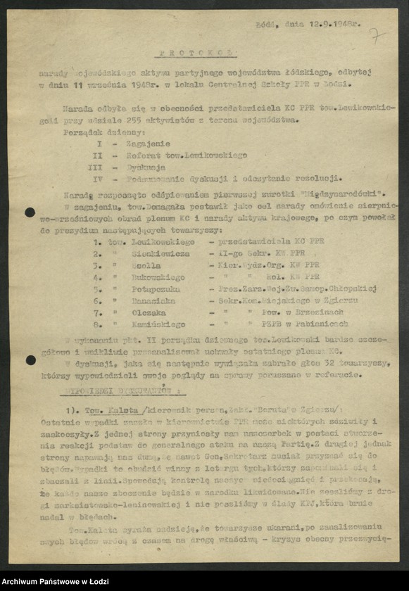 Obraz 8 z jednostki "Sprawozdanie [protokoły i rezolucje] z zebrań [oraz wykaz wojewódzkiego] aktywu partyjnego"