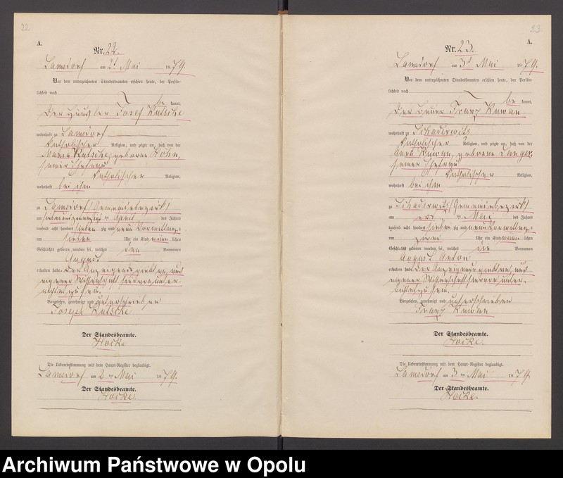 image.from.unit.number "Geburts-Neben-Register des Standesamts Lamsdorf No 15 pro 1879"