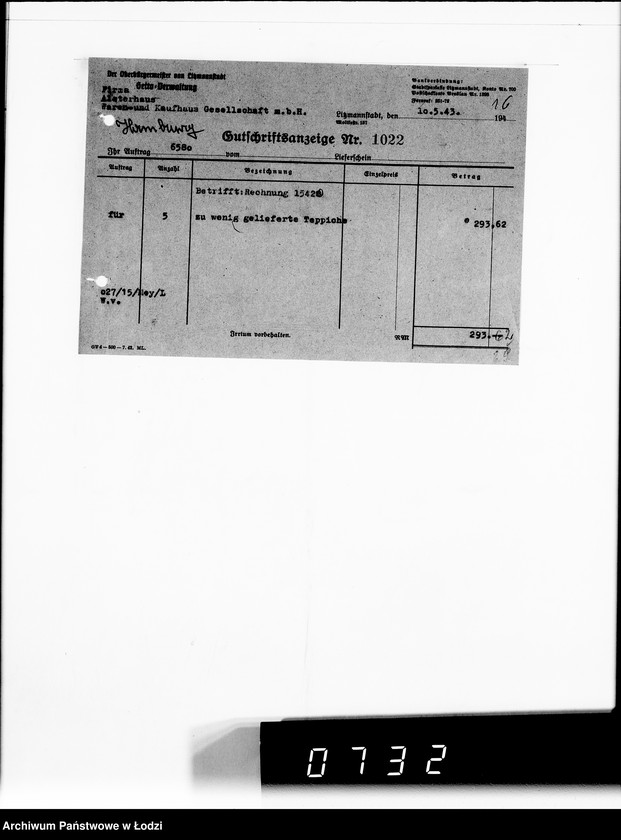 Obraz 20 z jednostki "Warenverwertung am Lager 91. [Aufträge] 6401-6600"