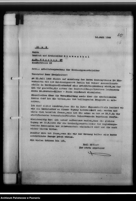 Obraz 20 z jednostki "Arbeitsbesprechung der Sippenamtsleiter in Gostingen [Gostyń, porządek obrad i sprawozdanie z zebrania kierowników powiatowych urzędów do spraw genealogicznych z terenu województwa poznańskiego]"