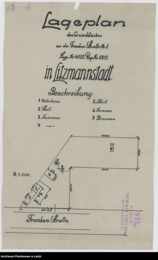 Obraz 1 z jednostki "Lageplan des Grundstückes an der Franken Straße Nr 2. Hyp. Nr 4032, Rep. Nr 5812 in Litzmannstadt"