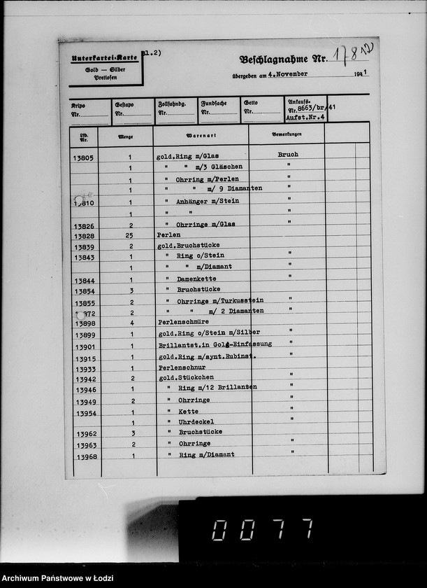 Obraz 16 z jednostki "Ankauf vom J.A.[Kartoteka dostaw skonfiskowanych kosztowności]"