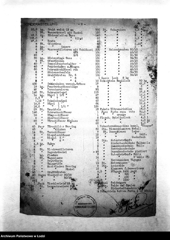 Obraz 15 z jednostki "[Specyfikacje materiałów technicznych, skórzanych, chemicznych, farbiarskich; artykułów biurowych, narzędzi, maszyn, tkanin, żywności i innych posiadanych na składzie Wydziału Specjalnego]"