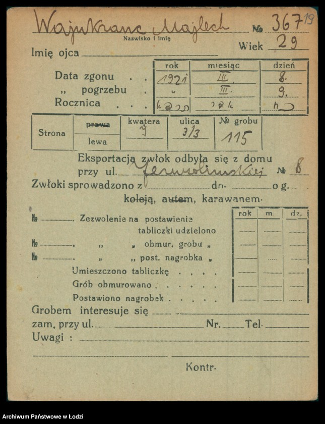 Obraz 20 z jednostki "Kartoteka osób pochowanych na cmentarzu żydowskim przy ulicy Brackiej w latach 1892-1958. Nazwiska na litery: Wajnh-Wajs"