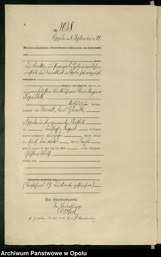 Obraz 10 z jednostki "Urząd Stanu Cywilnego Opole Księga Urodzeń Rok 1914 1034-1493"