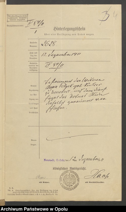 image.from.unit.number "Verfügung von Todes wegen der Witwe Anna Pelzel geb[orene] Hischer in Neustadt"