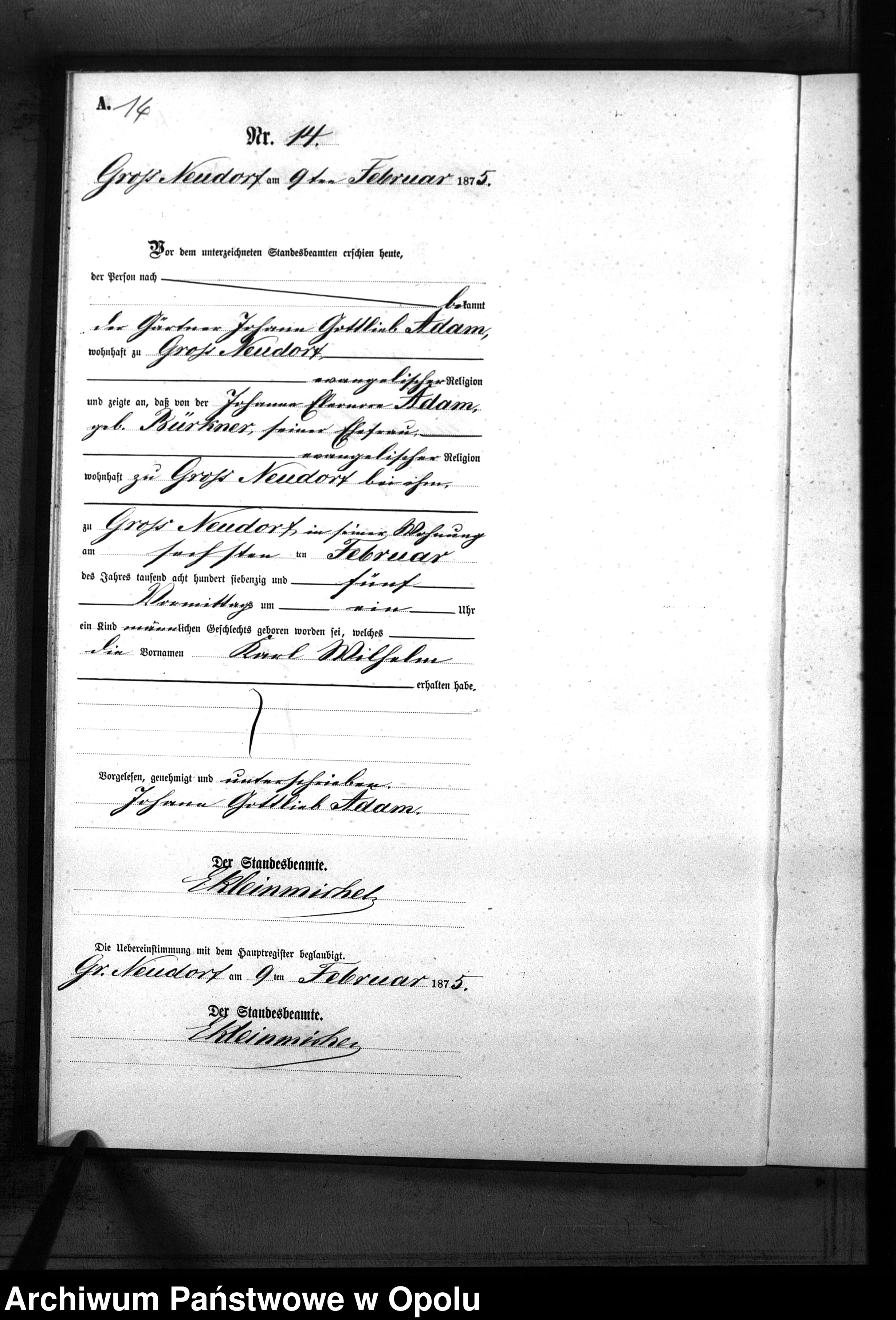 Skan z jednostki: Geburts-Neben-Register Standesamt Gross Neudorf 1875