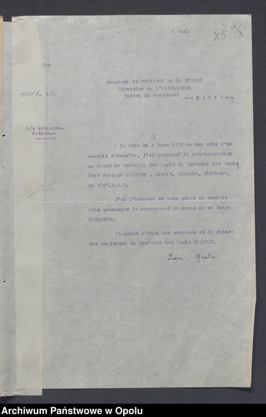 Obraz 7 z jednostki "Discipline-Recompenses-Decorations-Distractions-Punitions-Tenue generale /Korespondencja dotycząca dyscypliny, odznaczeń, pochwał, pracy oświatowej/"