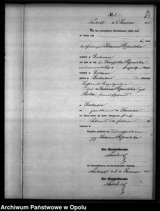 Obraz 6 z jednostki "Sterbe-Neben-Register Standesamts Kuhnau pro 1875"