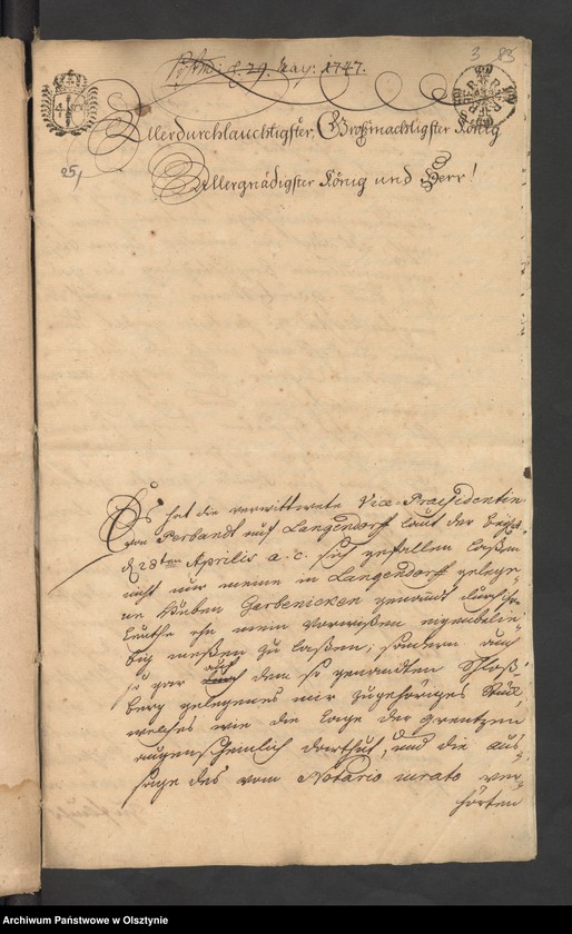 image.from.unit.number "In S. [Sachen] Carl Dieterich von Grothuß contra die verwittibte Tribunals=Vice=Praesidentin von Perbant wegen Umbpfügung und Besäung eines zu Podollen und Schalwen [Schallwen] gehörigen Stück Akers Garbnicken genannt"