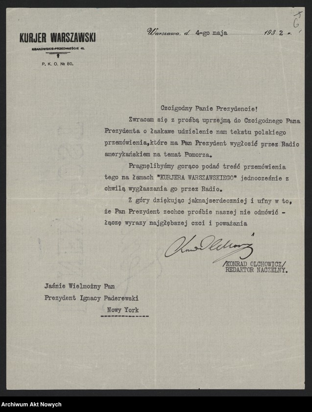 image.from.unit.number "Olchowicz Konrad (redaktor naczelny "Kuriera Warszawskiego"); Załączniki: telegramy do M. Borzęckiego i J. Piątkowskiej - Lübke; L.24 (odpowiedzi - rękopisy, maszynopisy)"
