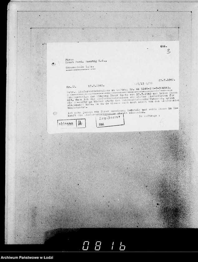 Obraz 8 z jednostki "[Korespondencja z urzędami, instytucjami i firmami]. Lit.Wa-Weg."