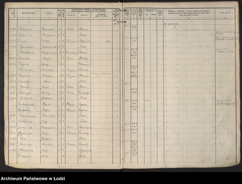 Obraz 11 z jednostki "Księga kontroli ruchu ludności (rejestr osób przybywających do gminy) Łódź, komisariat IV, ks. III, nr 6150-9390"