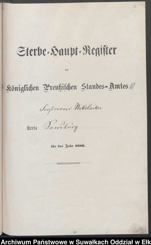 image.from.unit.number "Sterbe-Haupt-Register des Königlich Preussischen Standes-Amtes Forstrevier Nicolaiken Kreis Sensburg für das Jahr 1885[do 1887]"