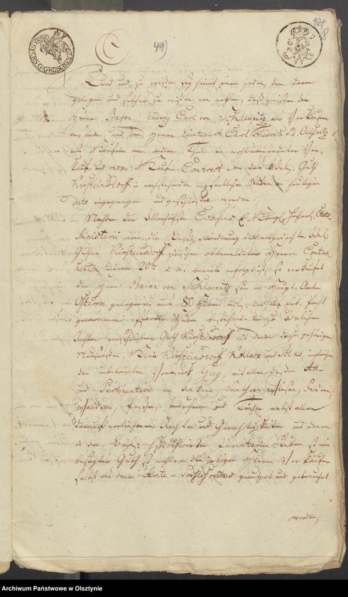 image.from.unit.number "In S. [Sachen] des v. [von] Schleinitz den Verkauf seines adelichen Guths Kirsteinsdorf [ Kiersztanowo] H. [Haupt] Amts Osterode [Ostróda] an den Lieutenant v. [von] Oelsnitz auf Plowenzin in Westpreussen"