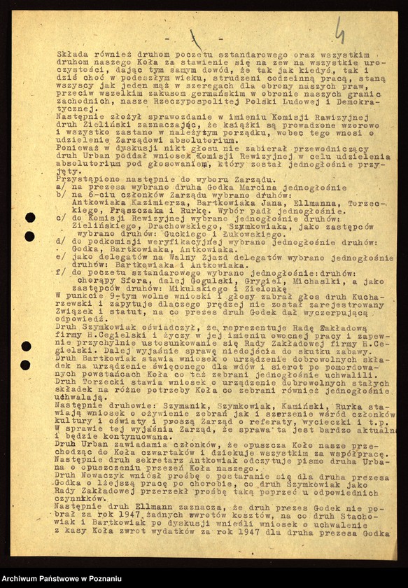Obraz 7 z jednostki "Współdziałanie Zarządu Głównego Związku Powstańców Wielkopolskich z kołami na terenie miasta Poznania: 1. H.C.P. [1948-1949] 2. Czwartacy [1947-1949] 3. Dziesiątacy [1947-1949] 4. Główna [1946] 5. Górczyn [1946-1949] 6. Jeżyce [1946-1947] 7 Junikowo [1947-1949] 8. Krzyżowniki [1946-1949] 9. 4 Kompania Marynarzy [1948-1949] 10. Im. Fr. Ratajczaka [1947-1948] 11. Śródmieście [1946-1949] 12. Wilda [1947-1949] 13. Dzielnica III Zamek [1947-1949] 14. Żegrze [1947-1949]"