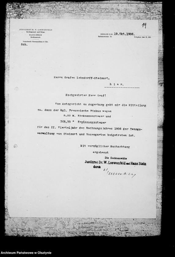 image.from.unit.number "/Korrespondenz des Justitzrats Dr. Loewenfeld- Berlin mit den Gläubigern des Gfen u. ihm selbst in sachen der Zwangsverwaltung von Steinort etc/"