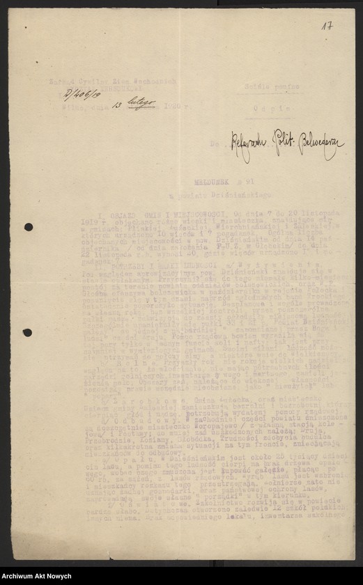 image.from.unit.number "Meldunki Inspektoratów Brzeskiego, Mińskiego, Wileńskiego przesyłane przez Zarząd Cywilny Ziem Wschodnich (Wydział Werbunkowy) do KCNP. Korespondencja ZCZW (Wydział Narodowościowy), z charakterystyką stosunków na pograniczu litewskim. Rozkaz Naczelnika Okręgu Wołyńskiego ZCZW"