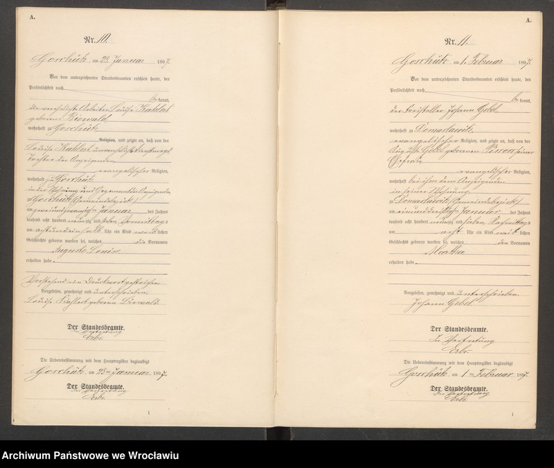 Obraz 8 z jednostki "księga urodzeń Urzędu Stanu Cywilnego w Goszczu (Goschütz) 1897"