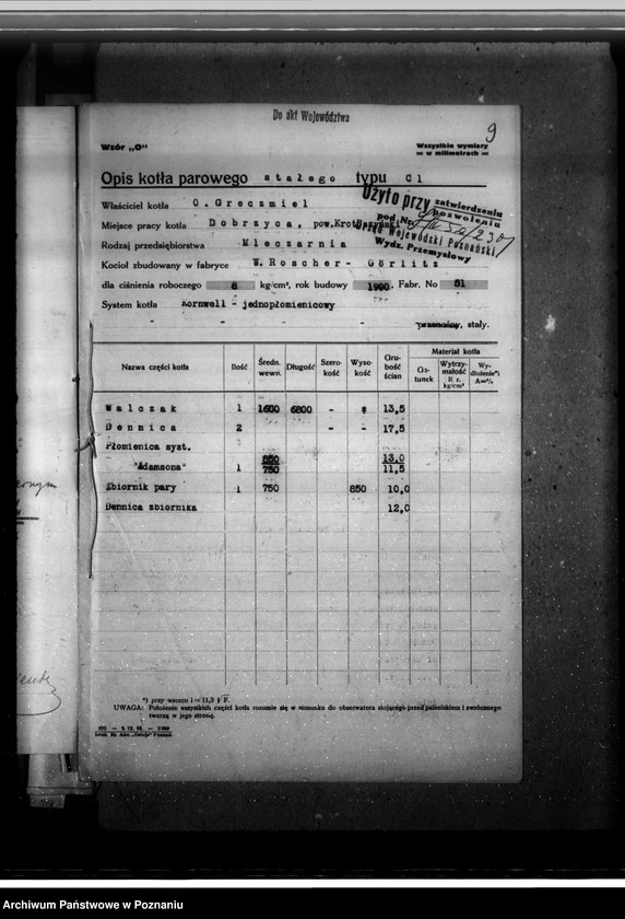 Obraz 13 z jednostki "Mleczarnia w Dobrzycy pow. krotoszyński, własność O. Greczmiela nr woj. kotła 2301"