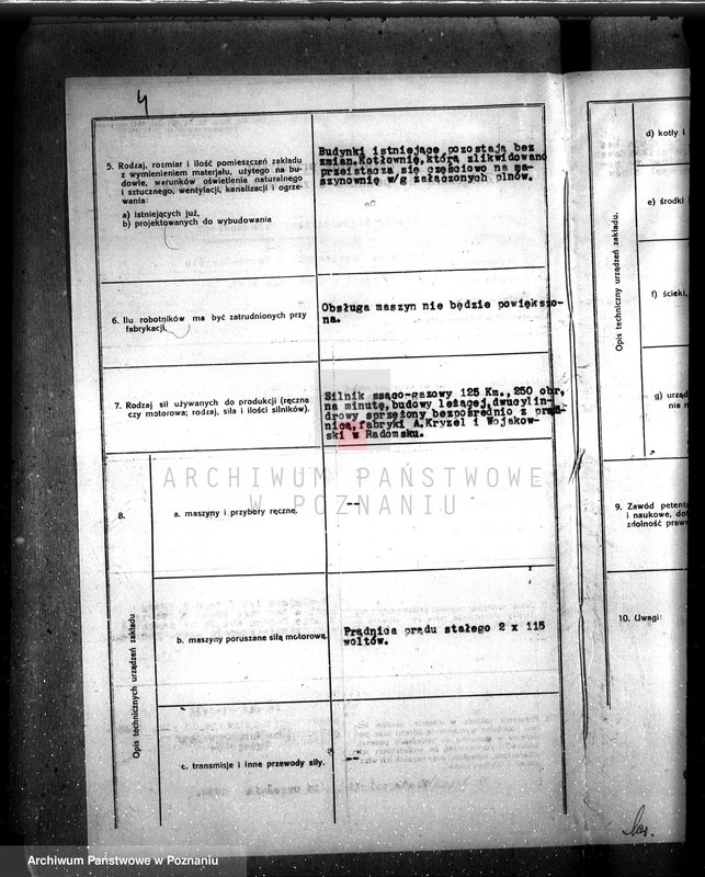 Obraz 8 z jednostki "Pozwolenie policyjno-techniczne na budowę zespołu ssąco-gaz. 125 KM z prądnicą prądu stał. 2 x 115 wolt w elektrowni miejskiej Grodzisk Wlkp., pow. nowotomyski"