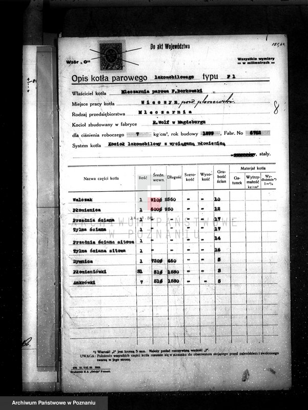 Obraz 13 z jednostki "Mleczarnia w Wieczynie pow. jarociński własność Fr. Borkowski nr fabr kotła 6762, nr woj. kotła 1925"