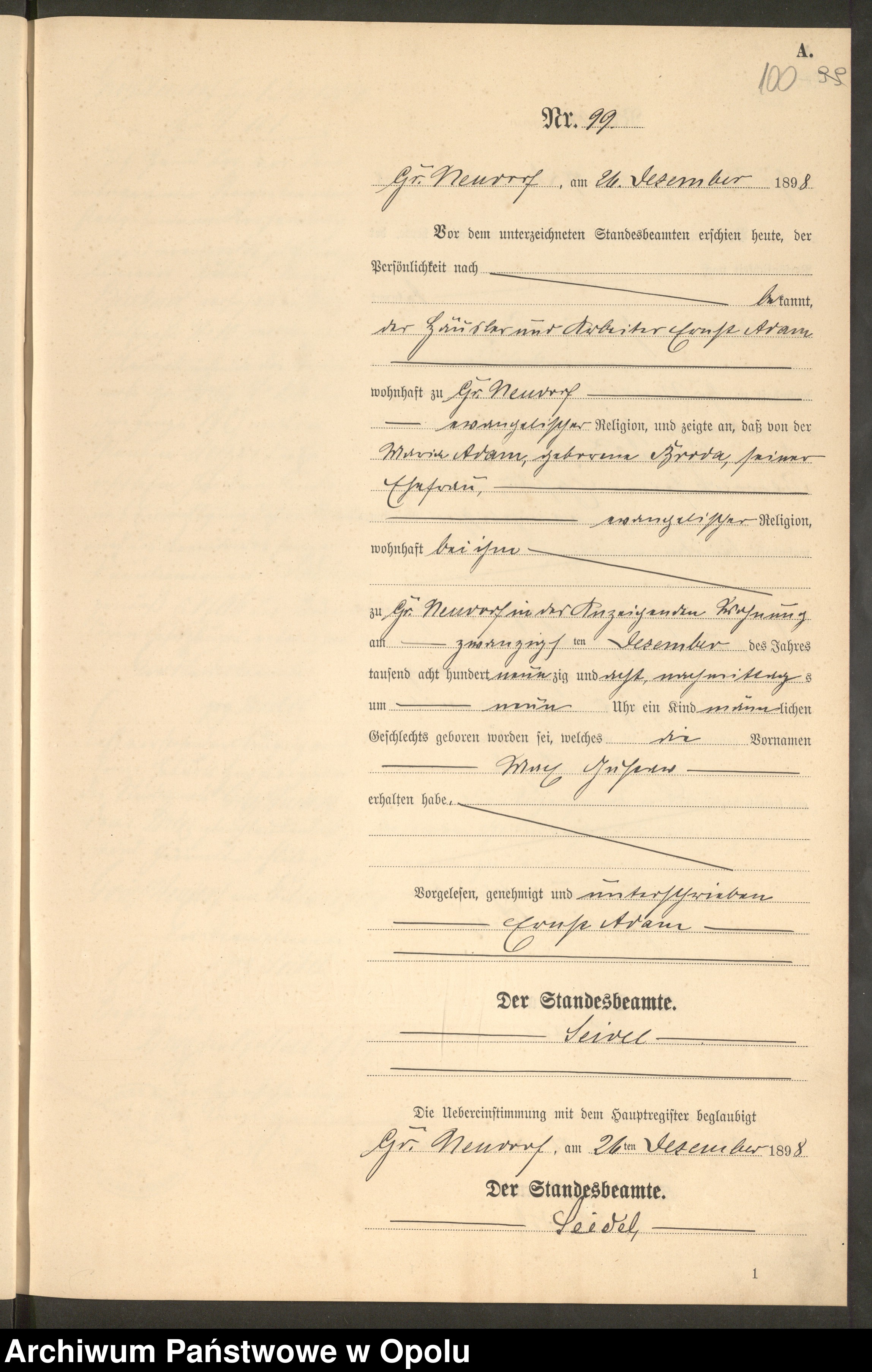 Skan z jednostki: Geburts-Neben-Register Standes-Amt Gr.[oss] Neudorf 1898