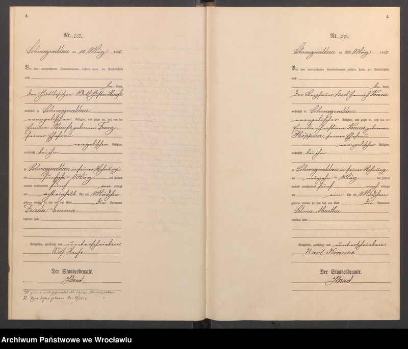 image.from.unit.number "Geburts-Haupt-Register Schwarzwaldau (Czarny Bór) 1905"