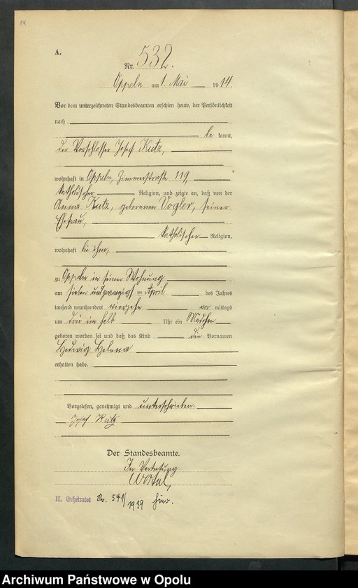 Obraz 18 z jednostki "Urząd Stanu Cywilnego Opole Księga Urodzeń Rok 1914 520-1033"