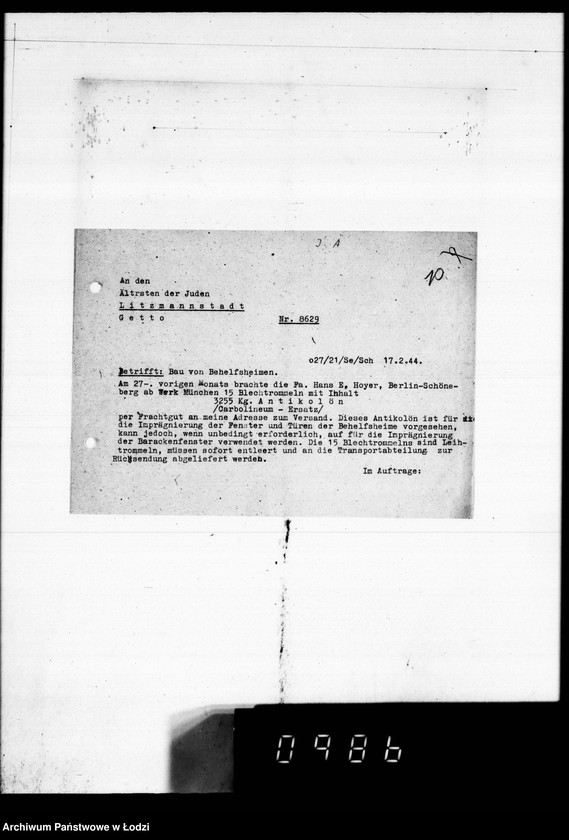 Obraz 14 z jednostki "Post an den Ältesten der Juden D.W.H.[Korespondencja dotycząca różnych prac w Getcie]"