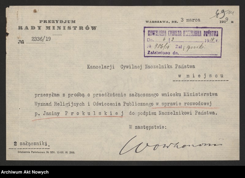 image.from.unit.number "Przeniesienie forum sądowego spraw rozwodowych do Sądów Konsystorskich Ewangelicko - Augsburskiego i Ewangelicko - Reformowanego oraz skrócenie rocznego terminu zapozwu w sprawach rozwodowych, rozpatrywanych przed najwyższymi sądami. Reskrypty Naczelnika Państwa, wnioski, korespondencja z Min. Wyznań Religijnych i Oświecenia Publicznego"